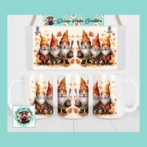 Ceramic Coffee Mug Autumn Trio Gnomes Fall Leaves 15oz Hand Sublimated